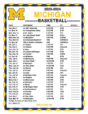 2023-24 Printable Michigan Wolverines Basketball Schedule