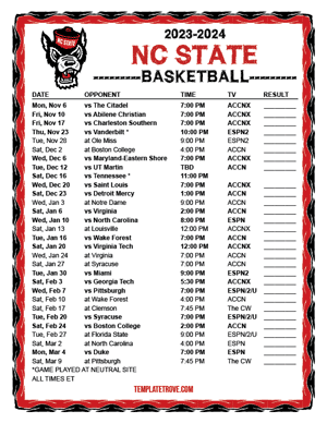 2023-24 Printable NC State Wolfpack Basketball Schedule