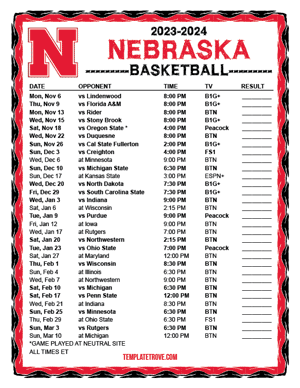2023-24 Printable Nebraska Cornhuskers Basketball Schedule