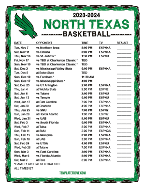 2023-24 Printable North Texas Mean Green Basketball Schedule