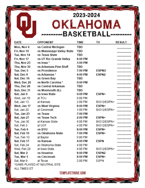 Oklahoma Sooners Basketball 2023-24 Printable Schedule