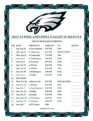 Philadelphia Eagles 2023-24 Printable Schedule