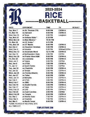 Rice Owls Basketball 2023-24 Printable Schedule