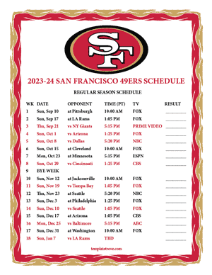 San Francisco 49ers 2023-24 Printable Schedule - Pacific Times