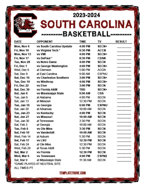 South Carolina Gamecocks Basketball 2023-24 Printable Schedule - Pacific Times