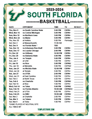 South Florida Bulls Basketball 2023-24 Printable Schedule - Mountain Times