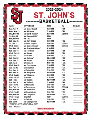 St. John's Red Storm Basketball 2023-24 Printable Schedule