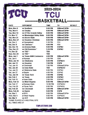 TCU Horned Frogs Basketball 2023-24 Printable Schedule