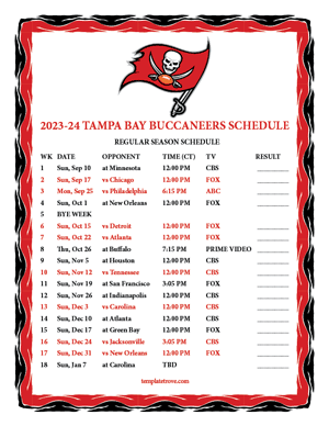 Tampa Bay Buccaneers 2023-24 Printable Schedule - Central Times