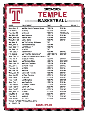 2023-24 Printable Temple Owls Basketball Schedule