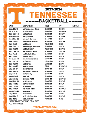 Tennessee Volunteers Basketball 2023-24 Printable Schedule