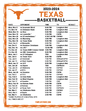 Texas Longhorns Basketball 2023-24 Printable Schedule