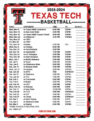Texas Tech Red Raiders Basketball 2023-24 Printable Schedule