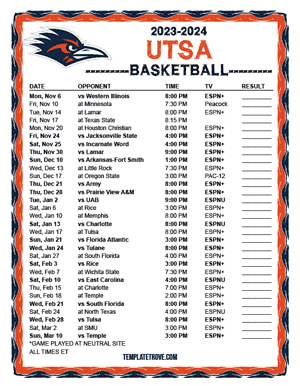 UTSA Roadrunners Basketball 2023-24 Printable Schedule