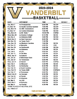 2023-24 Printable Vanderbilt Commodores Basketball Schedule