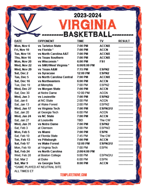 2023-24 Printable Virginia Cavaliers Basketball Schedule
