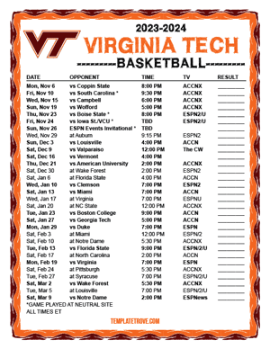 2023-24 Printable Virginia Tech Hokies Basketball Schedule