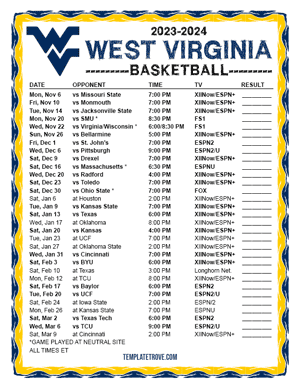West Virginia Mountaineers Basketball 2023-24 Printable Schedule