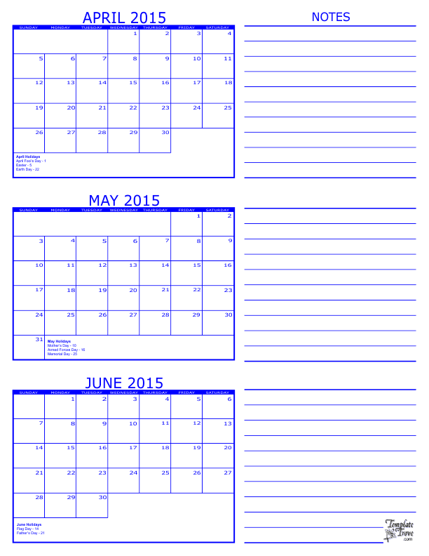 3 Month Calendar - 2015