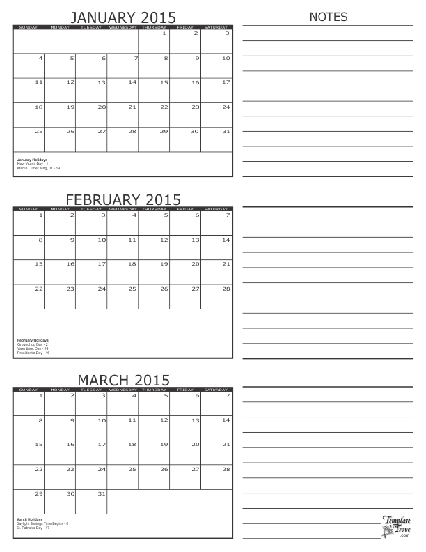 3 Month Calendar 2015