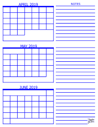 2019 3 Month Calendar - April, May and June