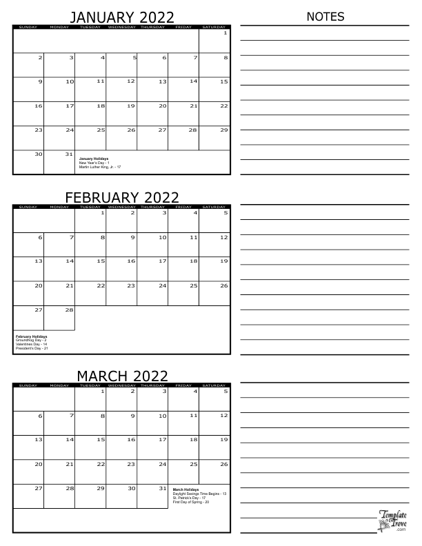 2022 Printable Calendar 3 Months Per Page Printable Word Searches