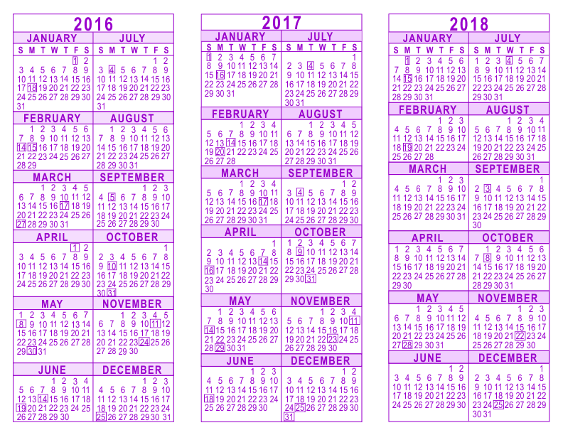 2016 2017 2018 3 Year Calendar