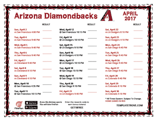 April 2017 Arizona Diamondbacks Printable Schedule
