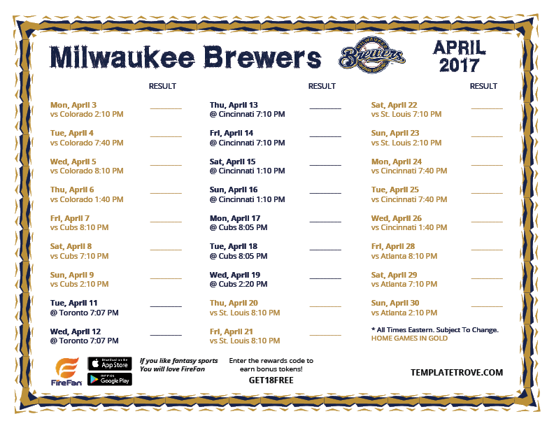 Printable 2017 Milwaukee Brewers Schedule