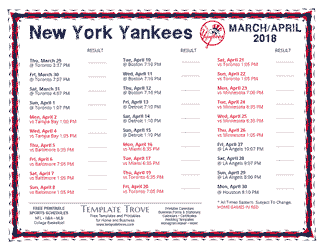 April 2018 New York Yankees Printable Schedule