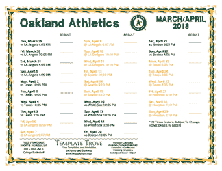 April 2018 Oakland Athletics Printable Schedule