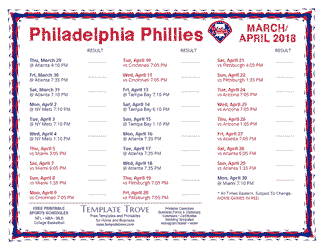 April 2018 Philadelphia Phillies Printable Schedule