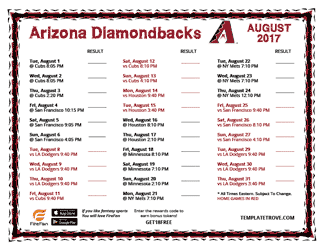 August 2017 Arizona Diamondbacks Printable Schedule