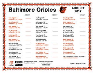 August 2017 Baltimore Orioles Printable Schedule