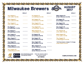 August 2017 Milwaukee Brewers Printable Schedule