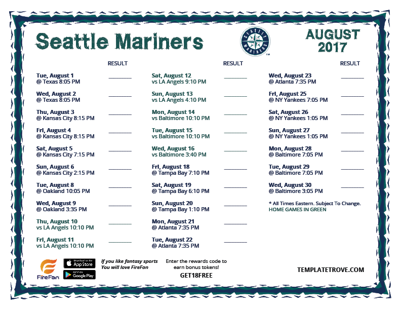 Printable 2017 Seattle Mariners Schedule