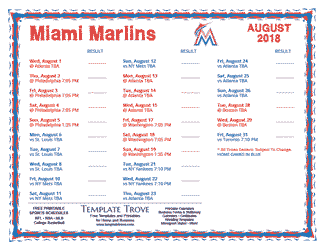 August 2018 Miami Marlins Printable Schedule