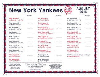 August 2018 New York Yankees Printable Schedule