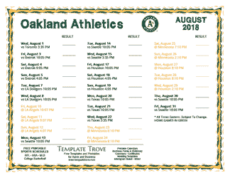 August 2018 Oakland Athletics Printable Schedule