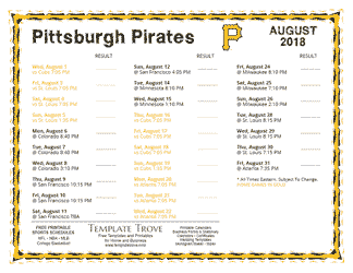 August 2018 Pittsburgh Pirates Printable Schedule
