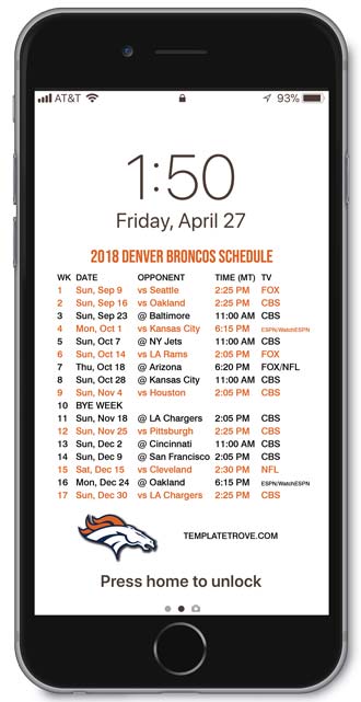 2018 Denver Broncos Lock Screen Schedule