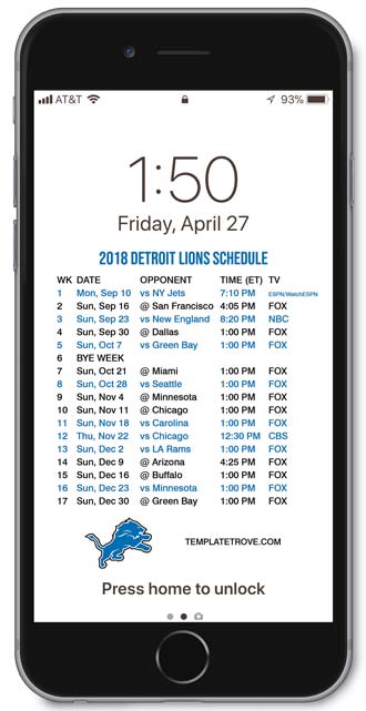 2018 Detroit Lions Lock Screen Schedule