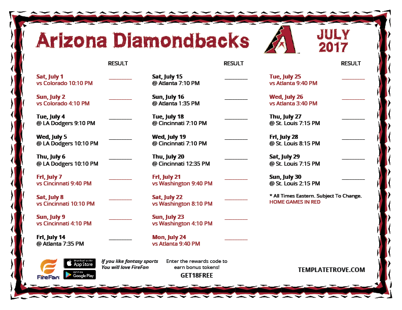 Printable 2017 Arizona Diamondbacks Schedule
