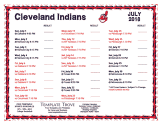July 2018 Cleveland Indians Printable Schedule