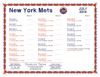 July 2018 New York Mets Printable Schedule