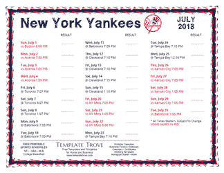 July 2018 New York Yankees Printable Schedule