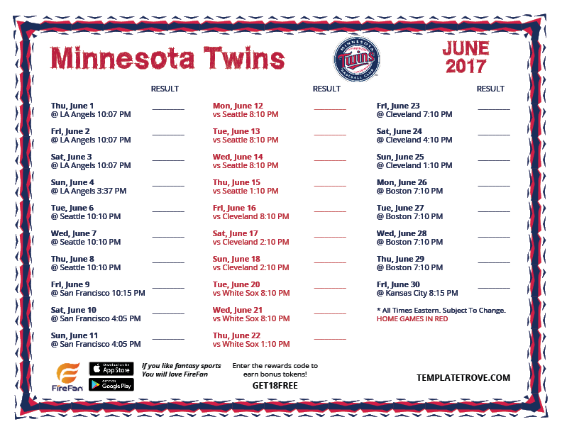 Printable 2017 Minnesota Twins Schedule