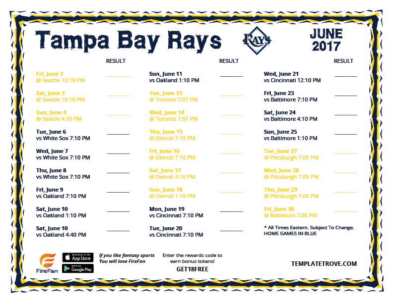 Printable 2017 Tampa Bay Rays Schedule