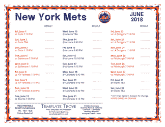 June 2018 New York Mets Printable Schedule