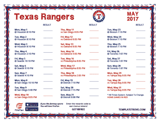 May 2017 Texas Rangers Printable Schedule